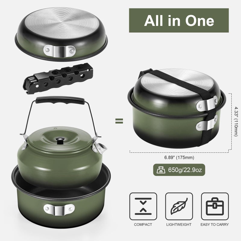 Odoland 5pcs Camping Cookware Non-Stick Camping Pot and Pan Set with Kettle and Removable Handle for Hiking Backpacking and Picnic - Image 5